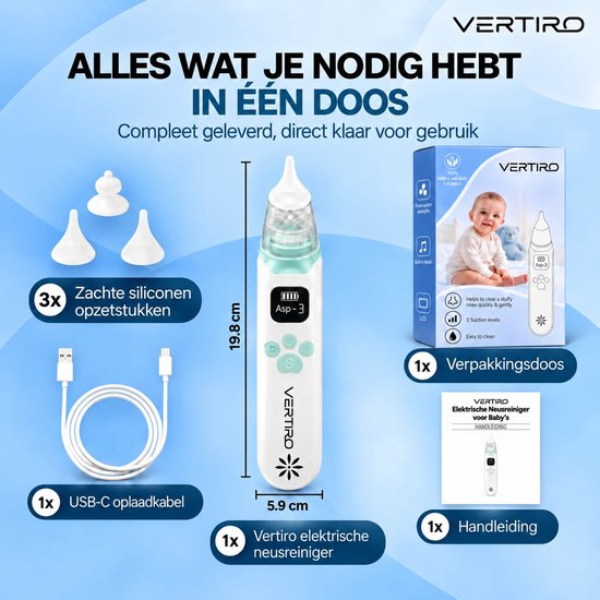 Witte neusreiniger met groene accenten, 3 opzetstukken, USB-C kabel, handleiding en verpakking.