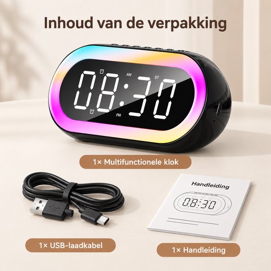 Multifunctionele klok - Draagbare luidspreker - Bluetooth - FM radio - 5 in 1 - Digitale wekker - Temperatuurweergave - Oplaadbaar - Sfeerverlichting - Zwart — afbeelding 5