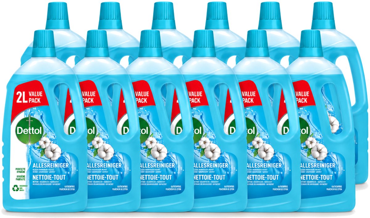 12 x Dettol - Allesreiniger - Katoenfris - Perfecte Hygiëne - 2L - Voordeelverpakking - 12 stuks