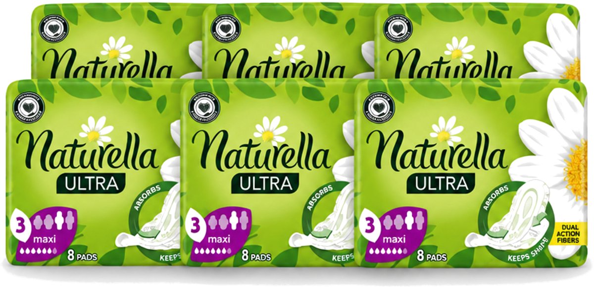 6 x Natur'ella - Ultra - Maandverband - Maxi - 8 Pads - Voordeelverpakking - 6 stuks