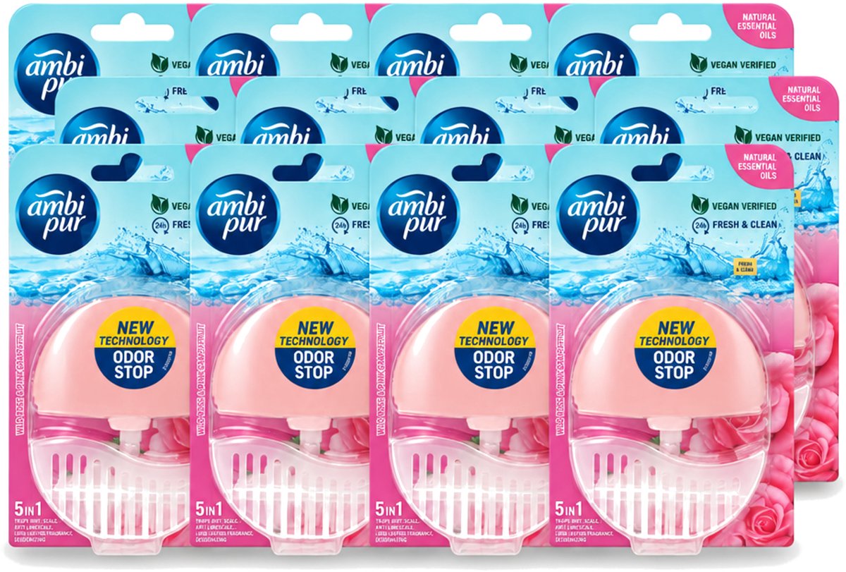 12 x Ambi Pur - Toiletblok - 5in1- Wilde Roos & Roze Grapefruit - 1 Blok - Voordeelverpakking - 12 stuks