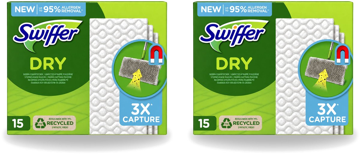 2 x Swiffer Dry - Vloerdoekjes - Navulling - Gerecyclede Fibers - 15 Doekjes - Voordeelverpakking - 2 stuks