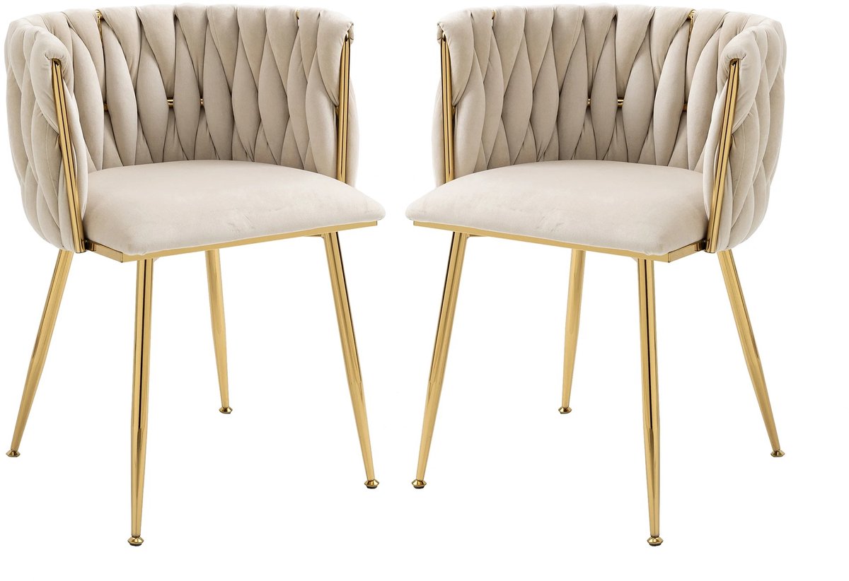 Veya Eetkamerstoelen - Eetkamerstoelenset van 2 - Stoel - Luxe witte fluwelen stoelen met gouden poten - 55,5 × 54 × 74 cm - 150kg
