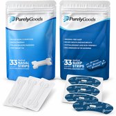 Deux paquets PurelyGoods contenant 33 bandelettes nasales et 33 bandelettes de sommeil. Inclut aussi des bandelettes séparées et un ruban buccal bleu avec logo.