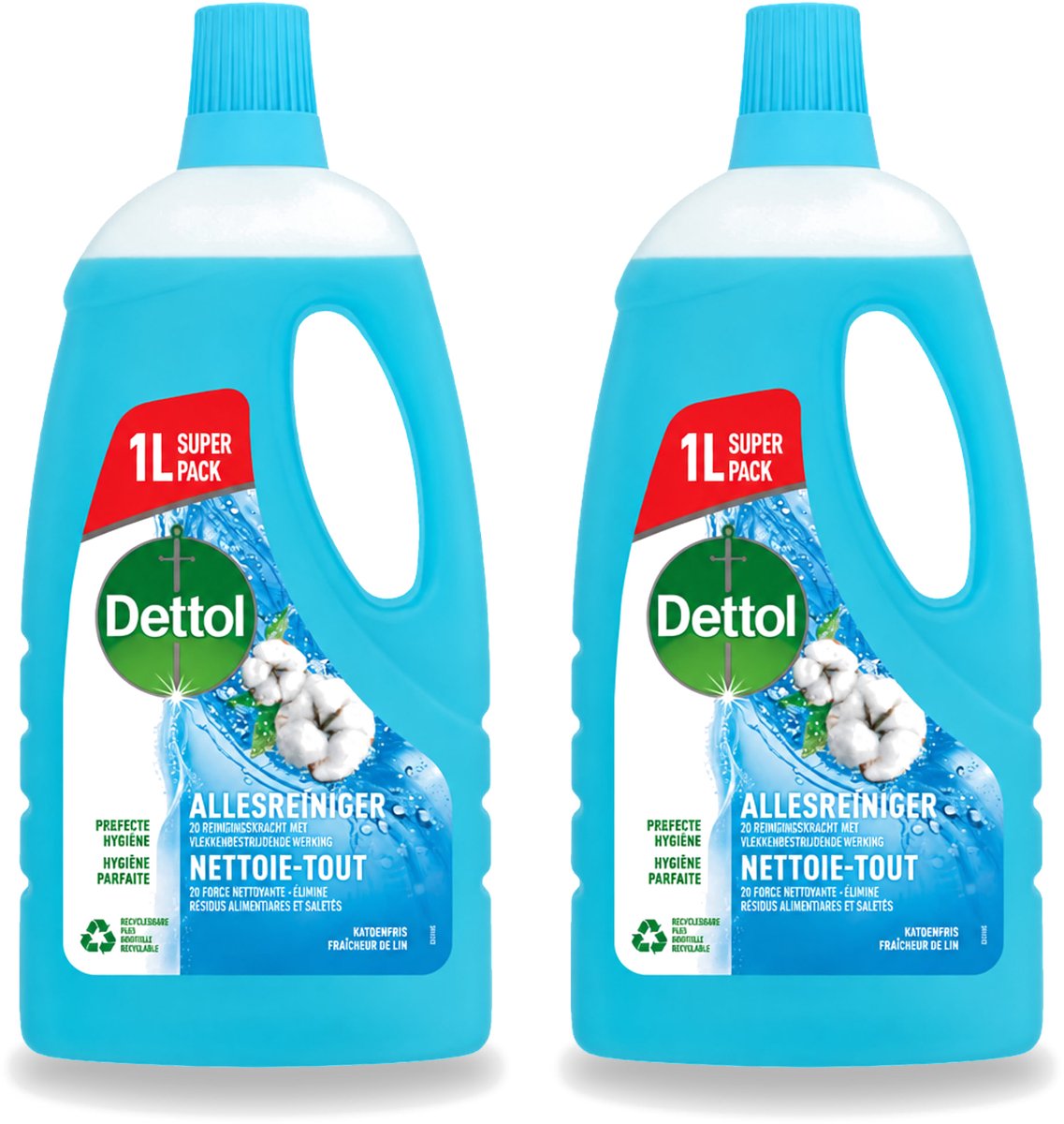 2 x Dettol - Allesreiniger - Power & Fresh - Katoenfris - 1 liter - Voordeelverpakking - 2 stuks
