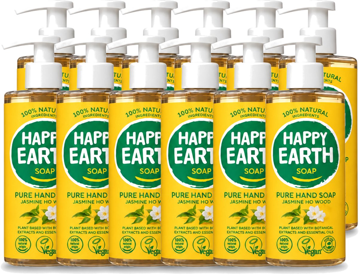 12 x Happy Earth – Handzeep – 100% Natuurlijk Jasmine Ho Wood – 300 ml - Voordeelverpakking - 12 stuks