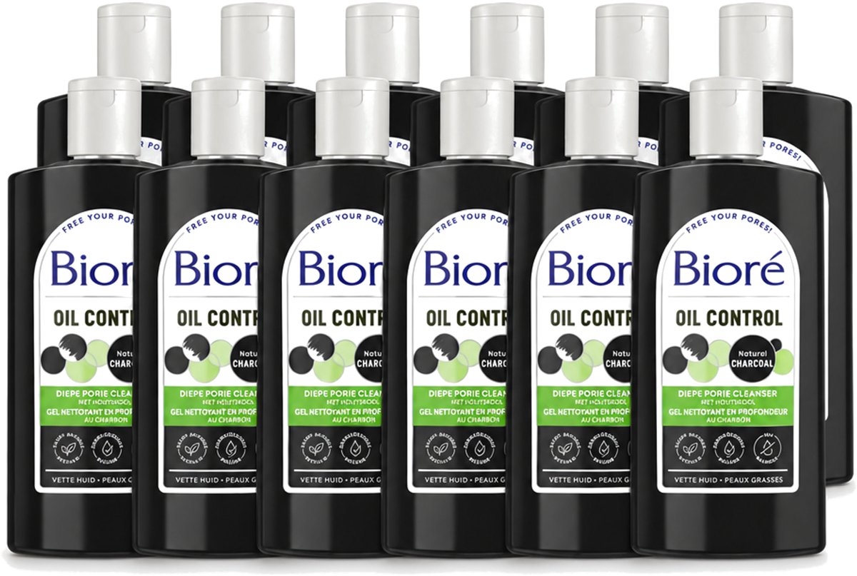 12 x Bioré – Houtskool Reinigingsgel – Gezichtsreiniger – 200 ml - Voordeelverpakking - 12 stuks