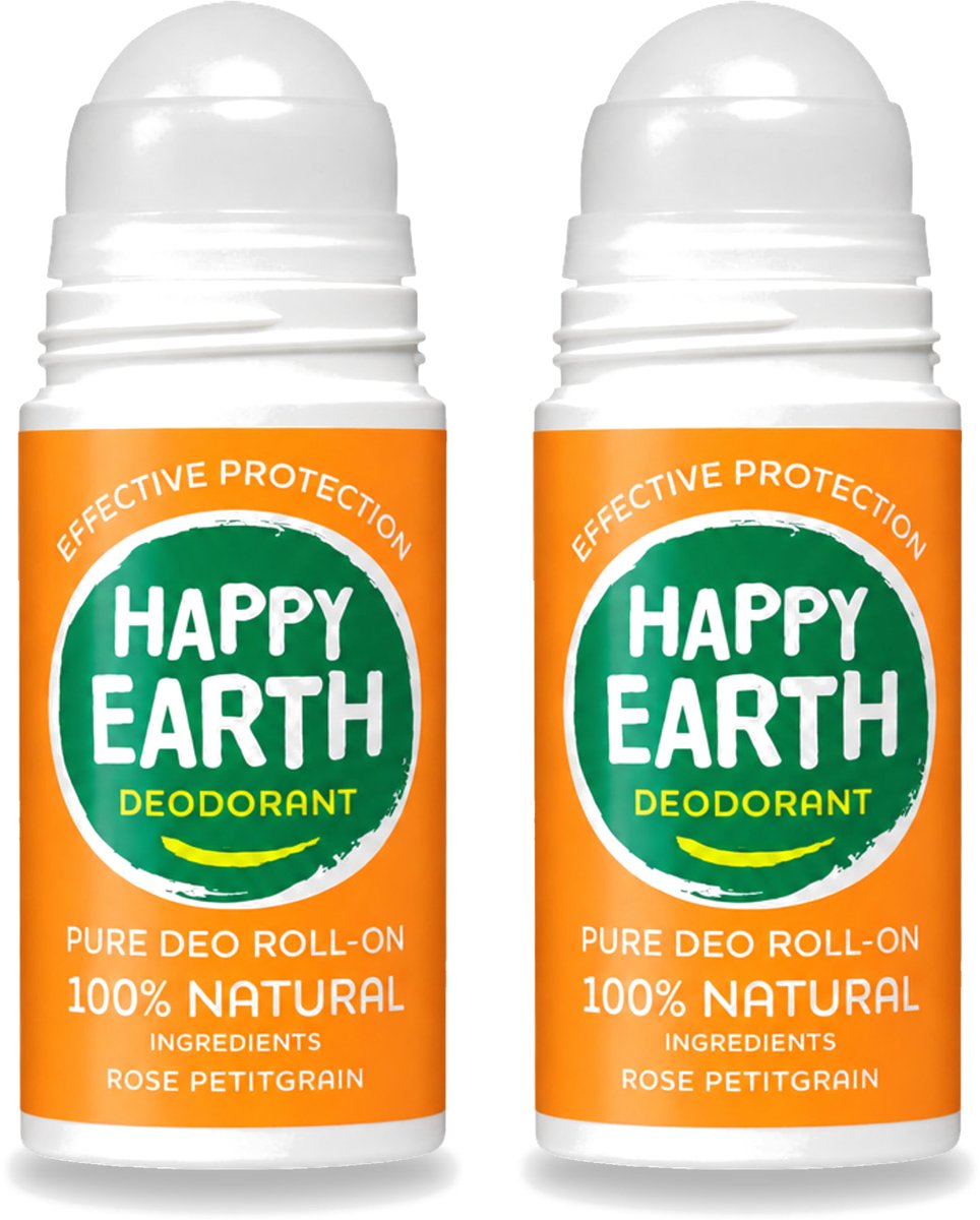 2 x Happy Earth – Deodorant Roll-On – 100% Natuurlijk Rose Petitgrain – 75 ml - Voordeelverpakking - 2 stuks