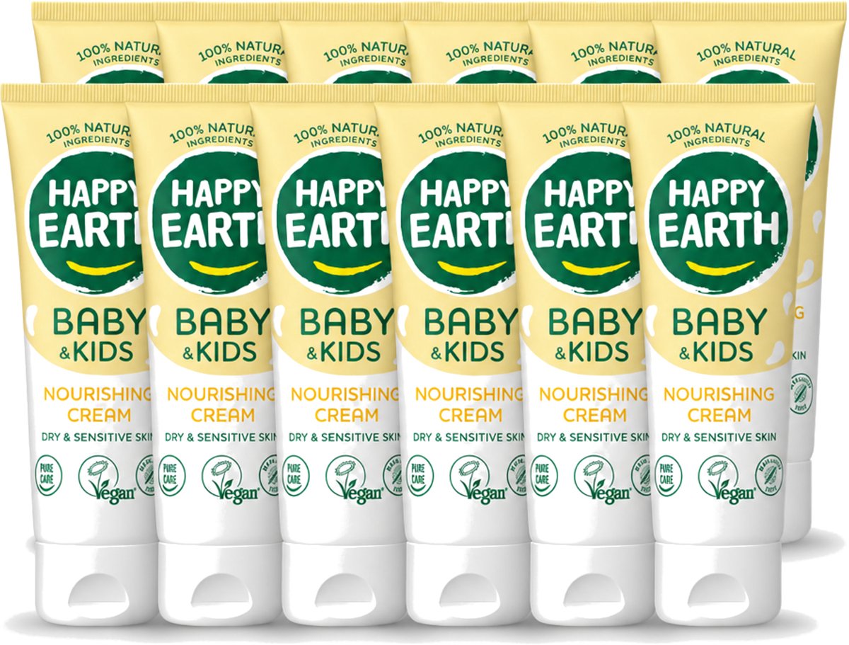 12 x Happy Earth – Nourishing Cream – 100% Natuurlijk Baby & Kids – 75 ml - Voordeelverpakking - 12 stuks