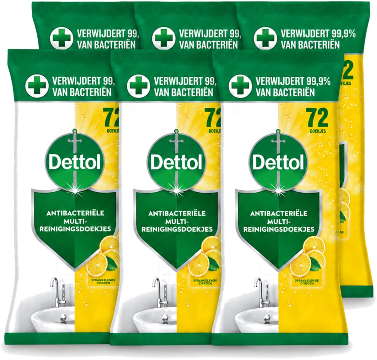 6 x Dettol - Reinigingsdoekjes - Sprankelende Citroen - 99,9% Bacterieverwijdering - 72 Doekjes - Voordeelverpakking - 6 stuks
