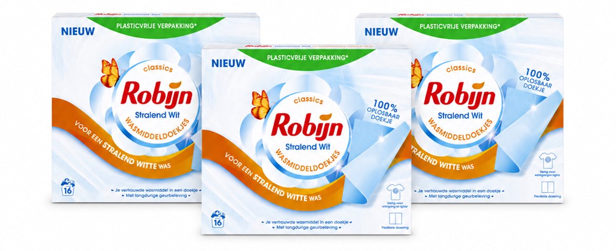 3 x Robijn Classics - Stralend Wit - Wasmiddeldoekjes - 16 Wasstrips - Voordeelverpakking - 3 stuks