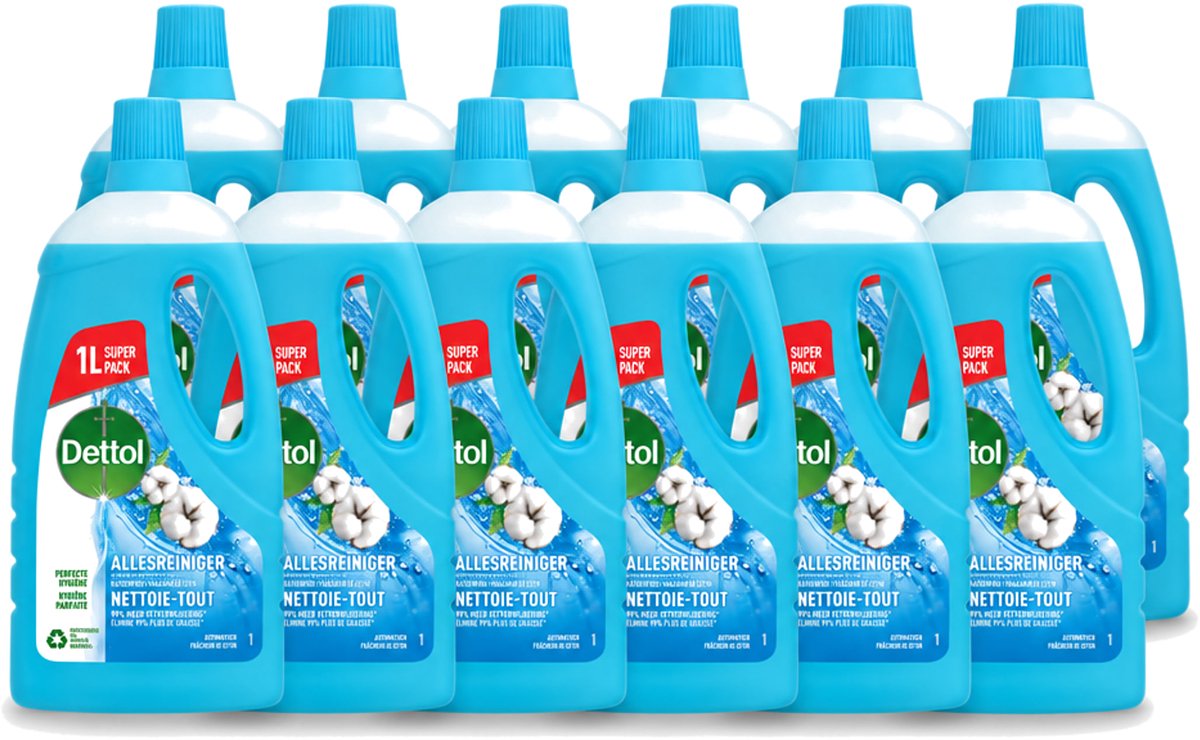 12 x Dettol - Allesreiniger - Power & Fresh - Katoenfris - 1 liter - Voordeelverpakking - 12 stuks