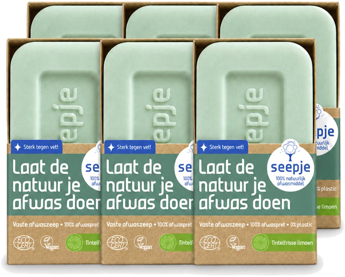 6 x Seepje - Afwaszeep - Handgemaakt & Biologisch - Tintelfrisse Limoen Geur - 120 gr - Voordeelverpakking - 6 stuks