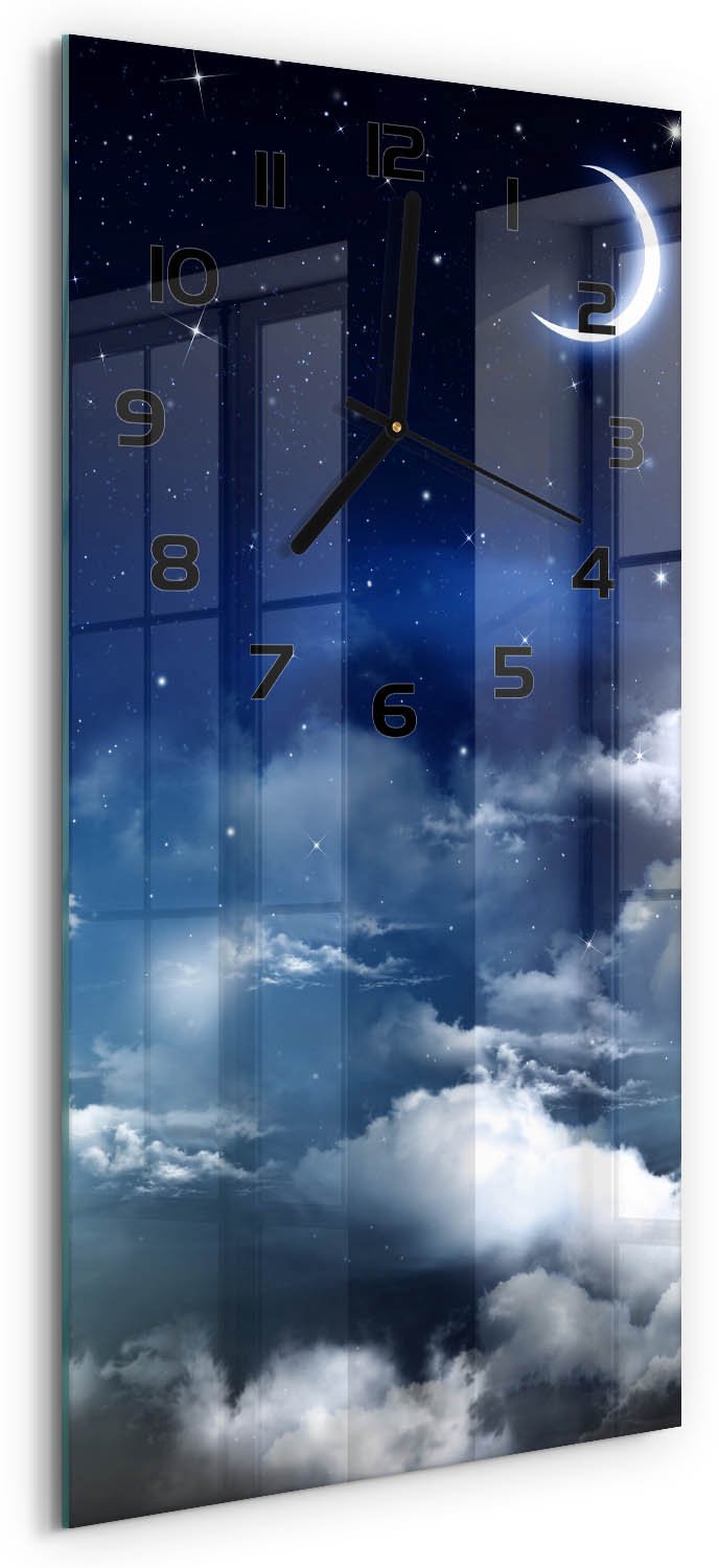 Tulup Wandklok - Sterrenhemel Glazen Wandklok Design - 30x60 cm - Blauw Klok Glas Met Opdruk - Zwarte handen - Rechthoekige Klok - Wandklok Glas Met Motief - Decoratieve Glazen Klok