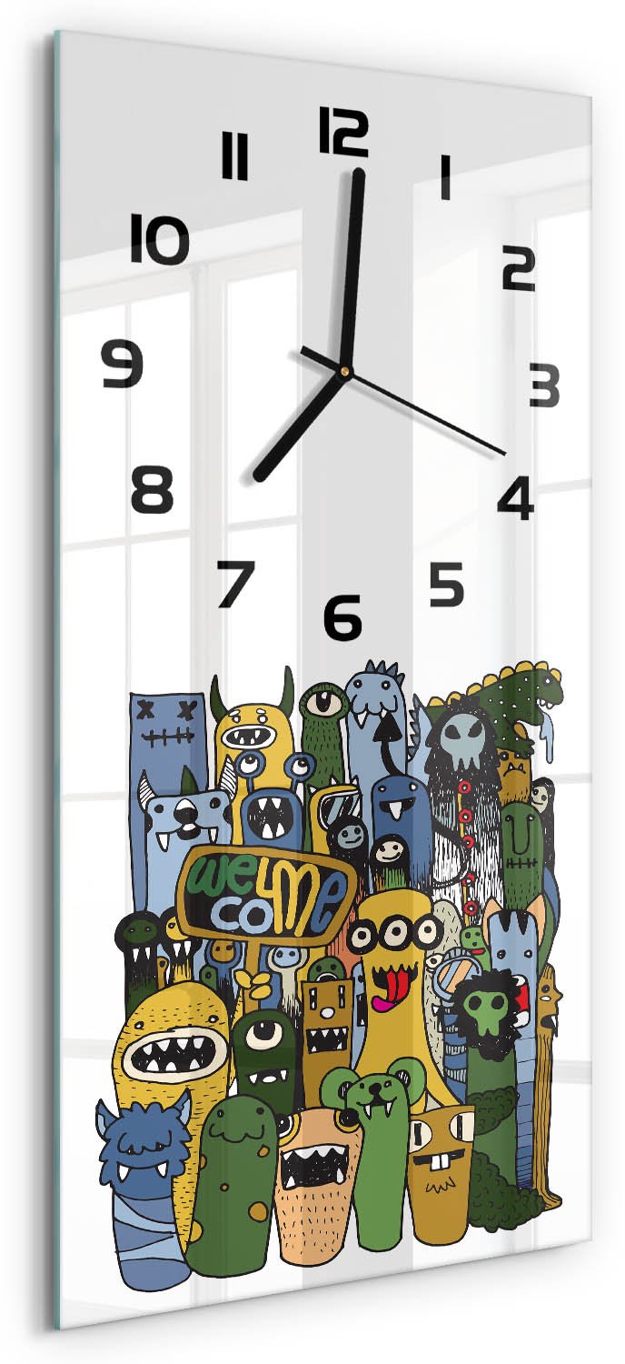 Tulup Wandklok - Gekke monsters Moderne Wandklok Glas - 30x60 cm - Groente Wandklok Glas Decoratie - Zwarte handen - Rechthoekige Klok - Glazen Wandklok Design - Klok Glas Met Opdruk