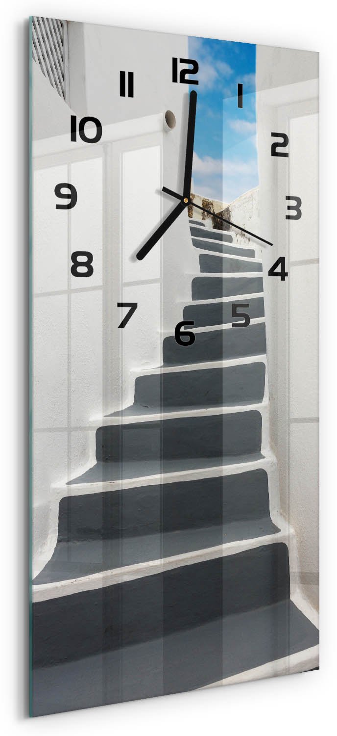 Tulup Wandklok - Santorini, Griekenland Glazen Klok Met Print - 30x60 cm - Grijs Wandklok Glas Met Motief - Zwarte handen - Rechthoekige Klok - Wandklok Glas Decoratie - Gekleurde Glazen Klok