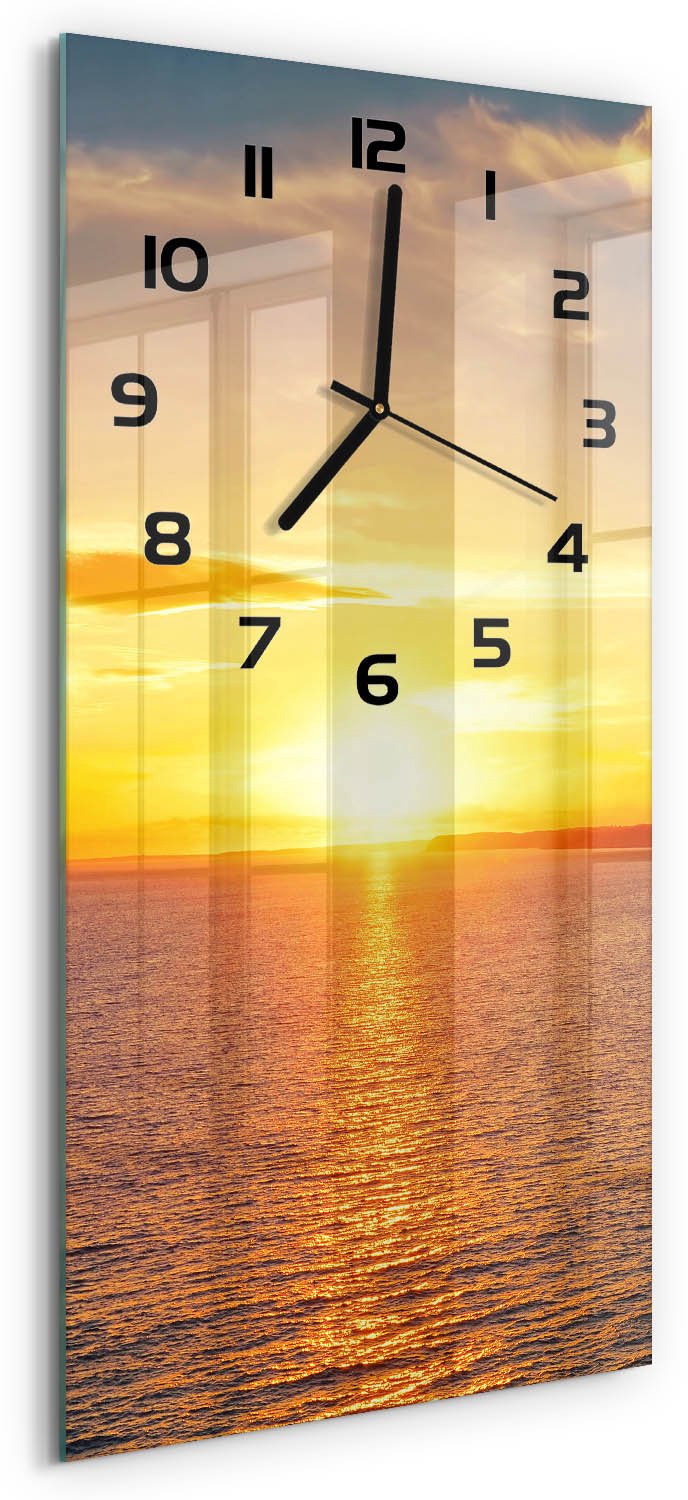 Tulup Wandklok - Zonsondergang Zee Decoratieve Glazen Klok - 30x60 cm - Geel Glazen Wandklok Design - Zwarte handen - Rechthoekige Klok - Glazen Klok Met Print - Wandklok Glas Met Motief