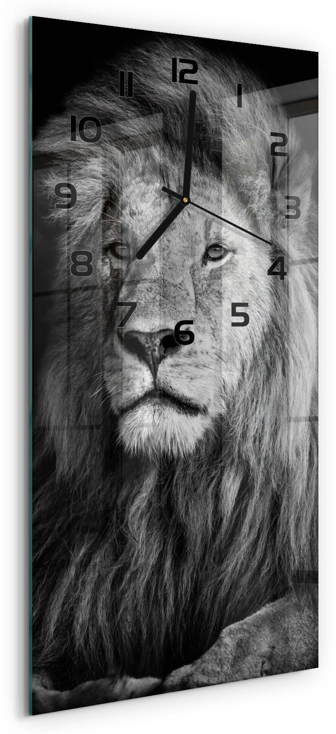 Tulup Wandklok - Portret van een leeuw Glazen Wandklok Design - 30x60 cm - Zwart-wit Klok Glas Met Opdruk - Zwarte handen - Rechthoekige Klok - Wandklok Glas Met Motief - Decoratieve Glazen Klok