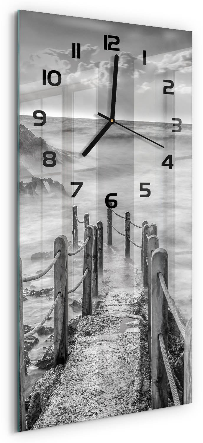 Tulup Wandklok - Pad langs de zee Decoratieve Glazen Klok - 30x60 cm - Zwart-wit Glazen Wandklok Design - Zwarte handen - Rechthoekige Klok - Glazen Klok Met Print - Wandklok Glas Met Motief