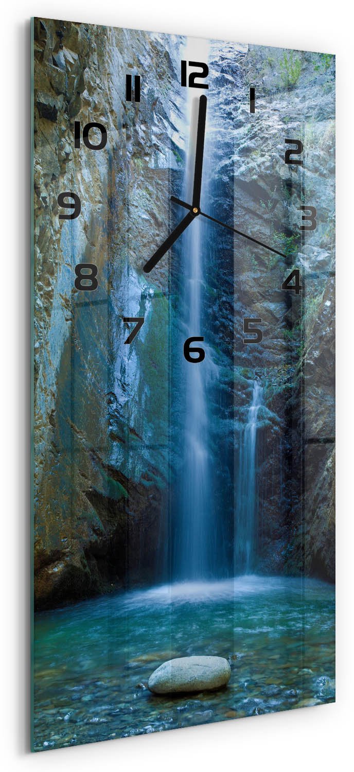 Tulup Wandklok - Waterval Glazen Wandklok Design - 30x60 cm - Blauw Klok Glas Met Opdruk - Zwarte handen - Rechthoekige Klok - Wandklok Glas Met Motief - Decoratieve Glazen Klok
