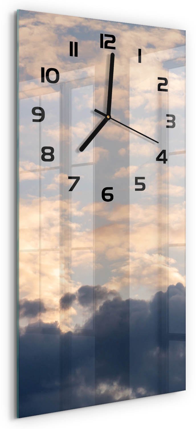 Tulup Wandklok - Wolken aan de hemel Wandklok Glas Decoratie - 30x60 cm - Blauw Gekleurde Glazen Klok - Zwarte handen - Rechthoekige Klok - Klok Glas Met Opdruk - Moderne Wandklok Glas