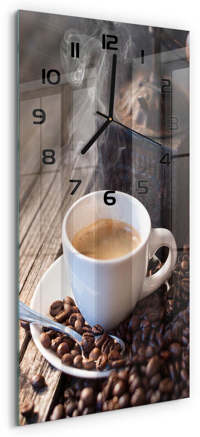 Tulup Wandklok - Kopje koffie Moderne Wandklok Glas - 30x60 cm - Bruin Wandklok Glas Decoratie - Zwarte handen - Rechthoekige Klok - Glazen Wandklok Design - Klok Glas Met Opdruk