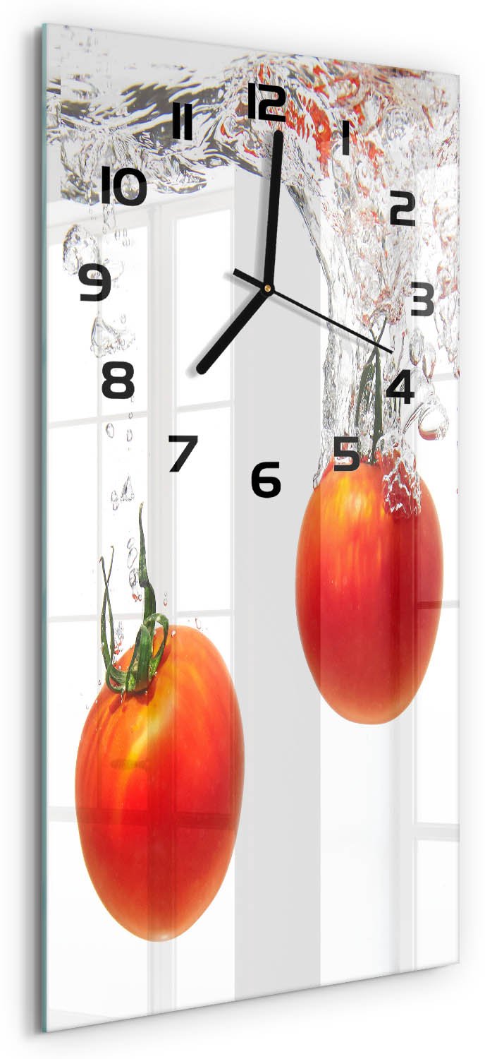 Tulup Wandklok - Tomaten onder water Glazen Klok Met Print - 30x60 cm - Rood Wandklok Glas Met Motief - Zwarte handen - Rechthoekige Klok - Wandklok Glas Decoratie - Gekleurde Glazen Klok