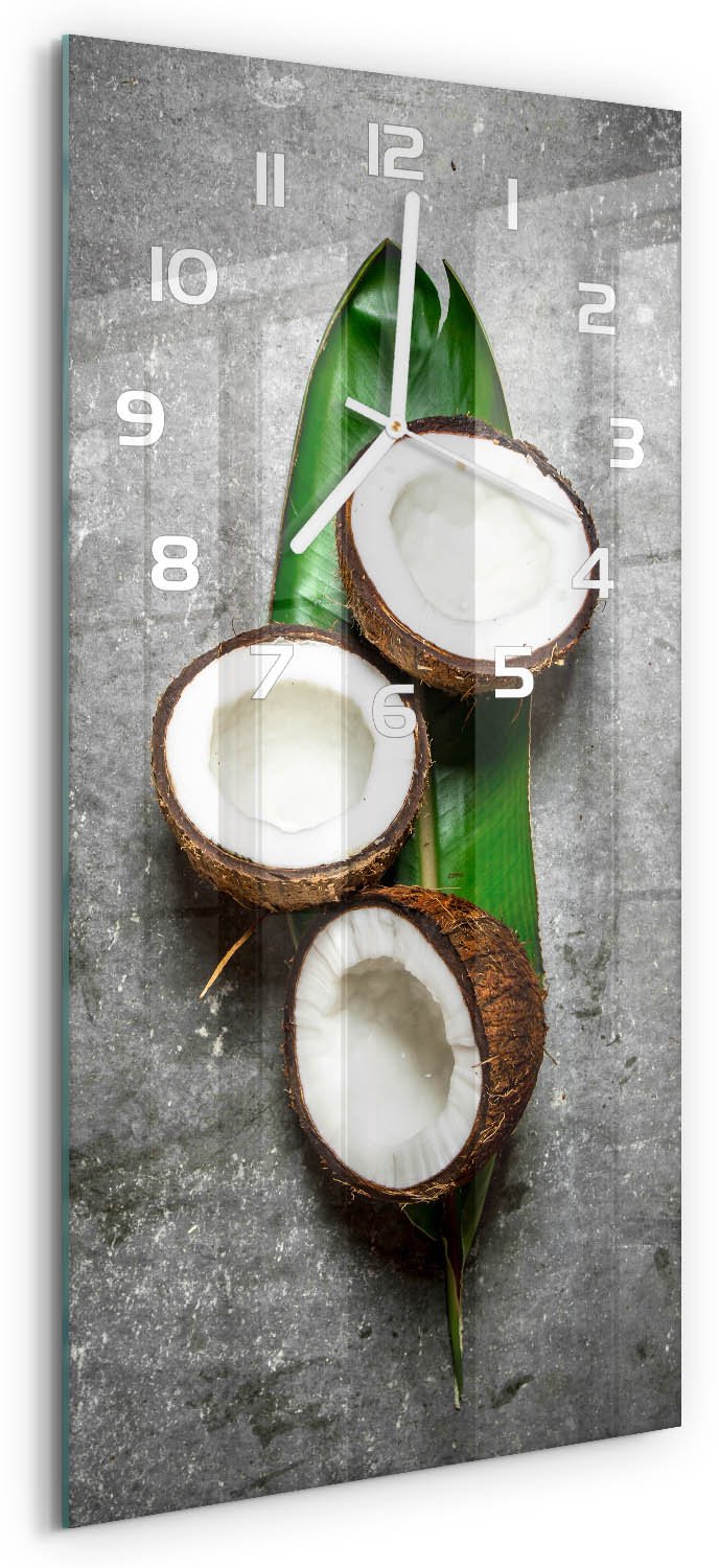 Tulup Wandklok - Een halve kokosnoot Klok Glas Met Opdruk - 30x60 cm - Groente Moderne Wandklok Glas - Witte handen - Rechthoekige Klok - Decoratieve Glazen Klok - Glazen Wandklok Design