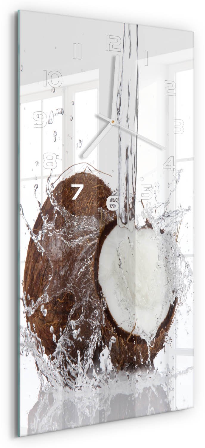Tulup Wandklok - Kokosnoot Klok Glas Met Opdruk - 30x60 cm - Bruin Moderne Wandklok Glas - Witte handen - Rechthoekige Klok - Decoratieve Glazen Klok - Glazen Wandklok Design