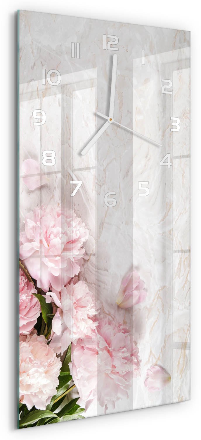 Tulup Wandklok - Pioenrozen Wandklok Glas Met Motief - 30x60 cm - Roze Decoratieve Glazen Klok - Witte handen - Rechthoekige Klok - Gekleurde Glazen Klok - Glazen Klok Met Print