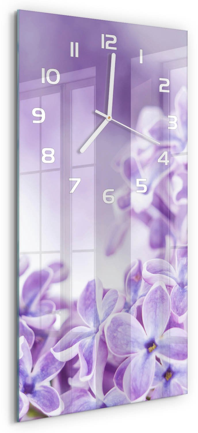 Tulup Wandklok - Paarse bloemen Decoratieve Glazen Klok - 30x60 cm - Paars Glazen Wandklok Design - Witte handen - Rechthoekige Klok - Glazen Klok Met Print - Wandklok Glas Met Motief