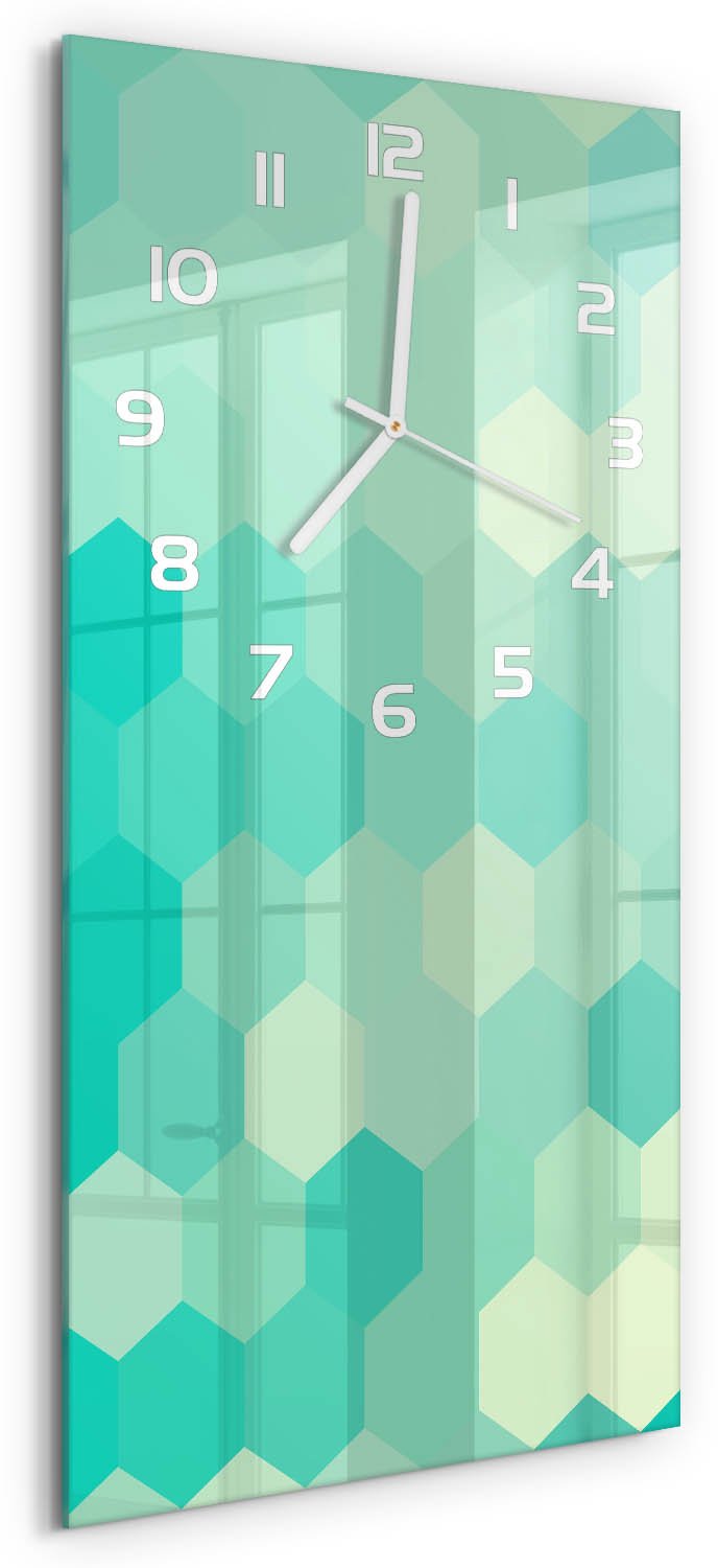 Tulup Wandklok - Geometrische achtergrond Glazen Klok Met Print - 30x60 cm - Groente Wandklok Glas Met Motief - Witte handen - Rechthoekige Klok - Wandklok Glas Decoratie - Gekleurde Glazen Klok
