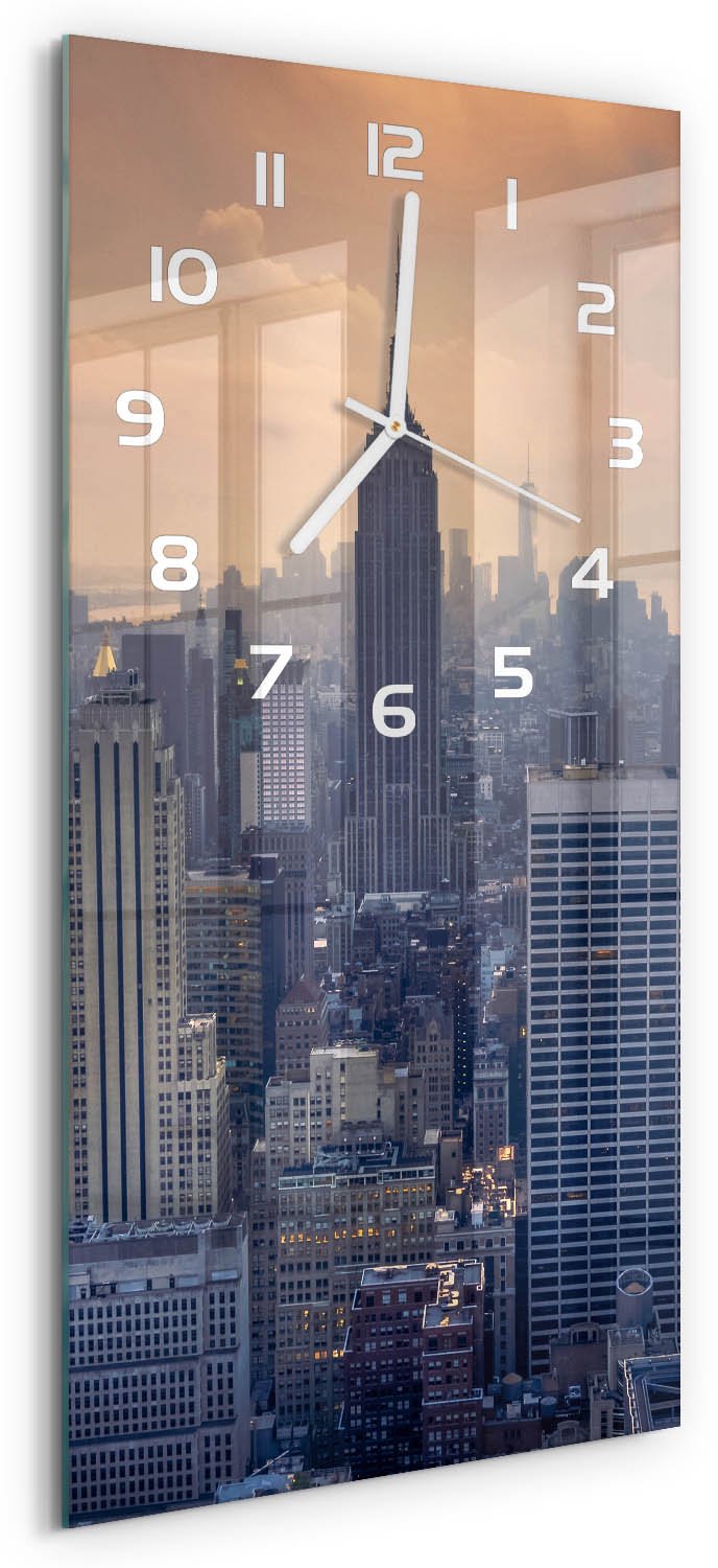 Tulup Wandklok - Manhattan, New York Moderne Wandklok Glas - 30x60 cm - Grijs Wandklok Glas Decoratie - Witte handen - Rechthoekige Klok - Glazen Wandklok Design - Klok Glas Met Opdruk