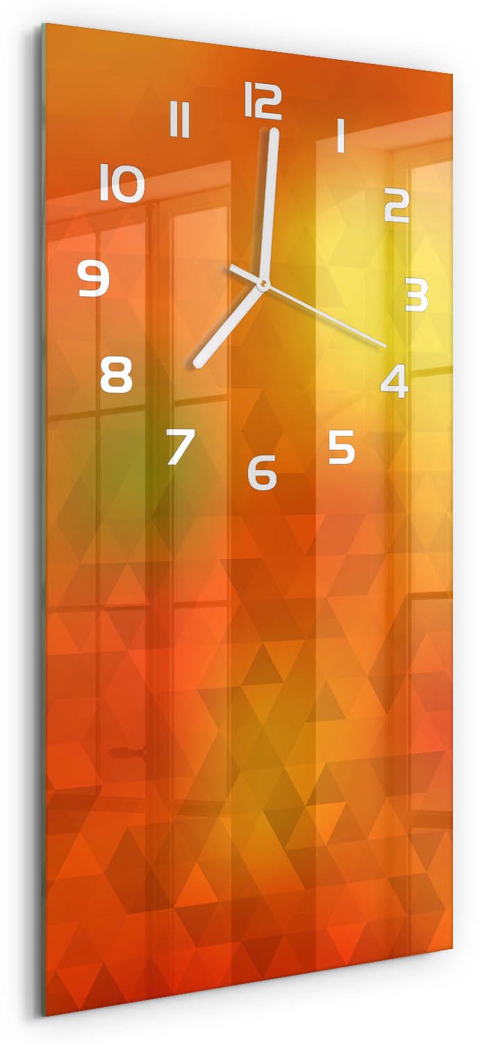 Tulup Wandklok - Driehoeken van abstractie Glazen Klok Met Print - 30x60 cm - Oranje Wandklok Glas Met Motief - Witte handen - Rechthoekige Klok - Wandklok Glas Decoratie - Gekleurde Glazen Klok