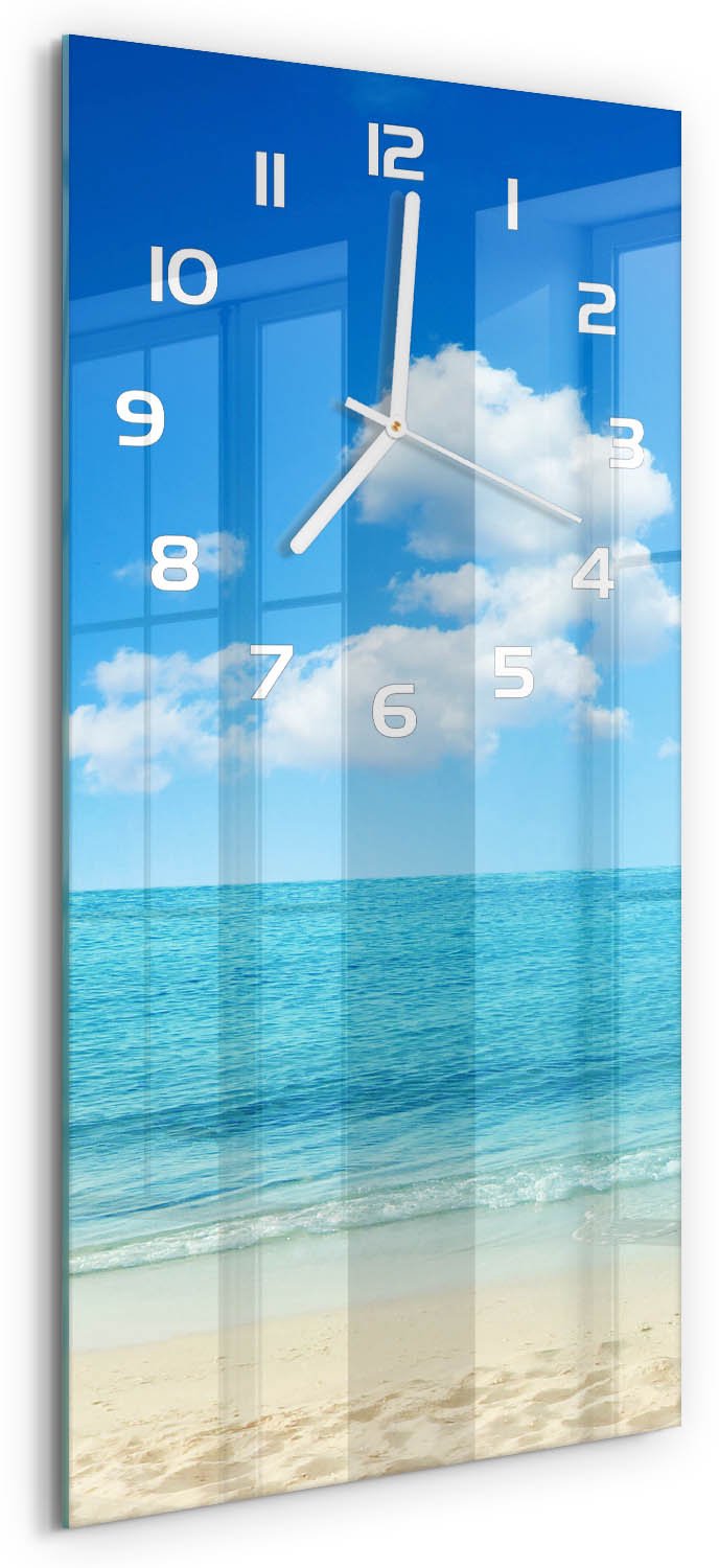 Tulup Wandklok - Paradijsstrand Moderne Wandklok Glas - 30x60 cm - Blauw Wandklok Glas Decoratie - Witte handen - Rechthoekige Klok - Glazen Wandklok Design - Klok Glas Met Opdruk