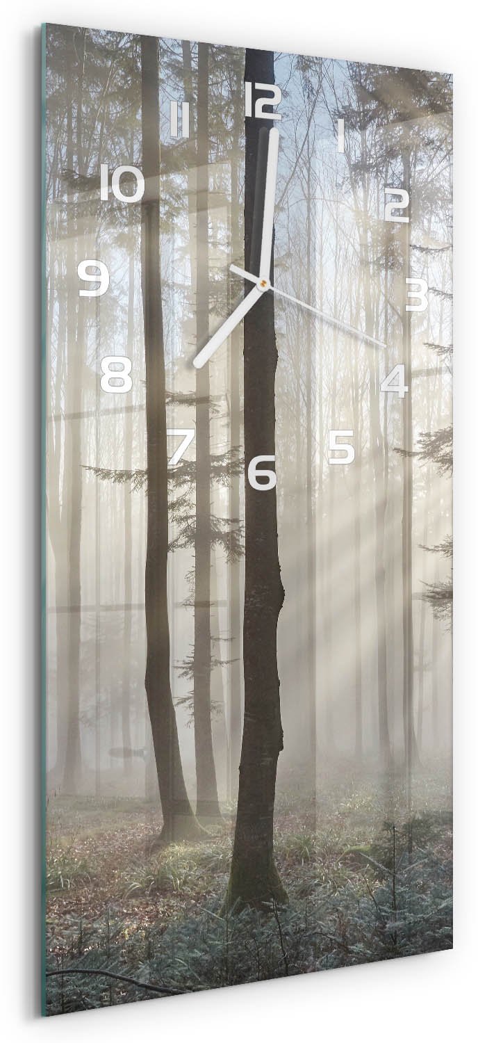 Tulup Wandklok - Mist in het bos Glazen Wandklok Design - 30x60 cm - Bruin Klok Glas Met Opdruk - Witte handen - Rechthoekige Klok - Wandklok Glas Met Motief - Decoratieve Glazen Klok