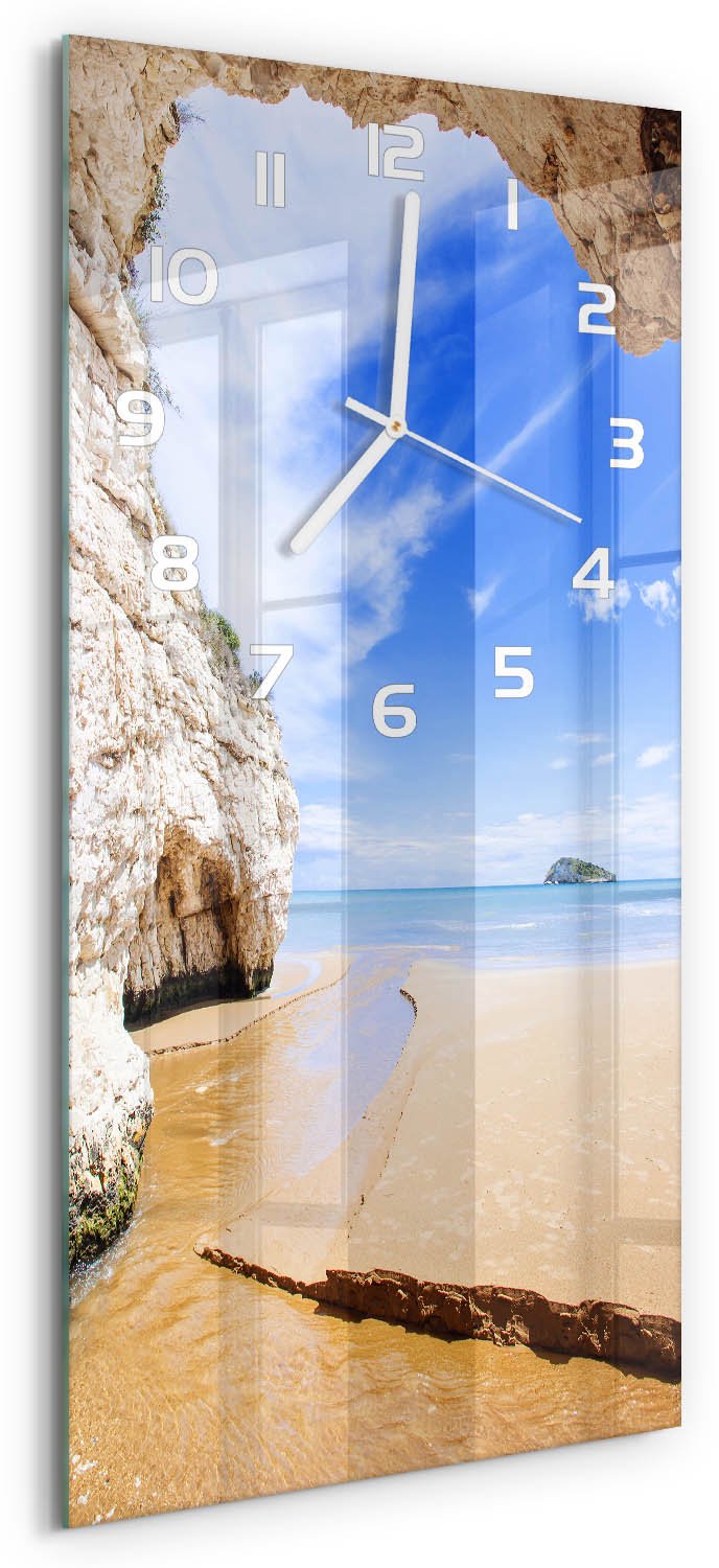 Tulup Wandklok - Grot aan zee Glazen Wandklok Design - 30x60 cm - Beige Klok Glas Met Opdruk - Witte handen - Rechthoekige Klok - Wandklok Glas Met Motief - Decoratieve Glazen Klok
