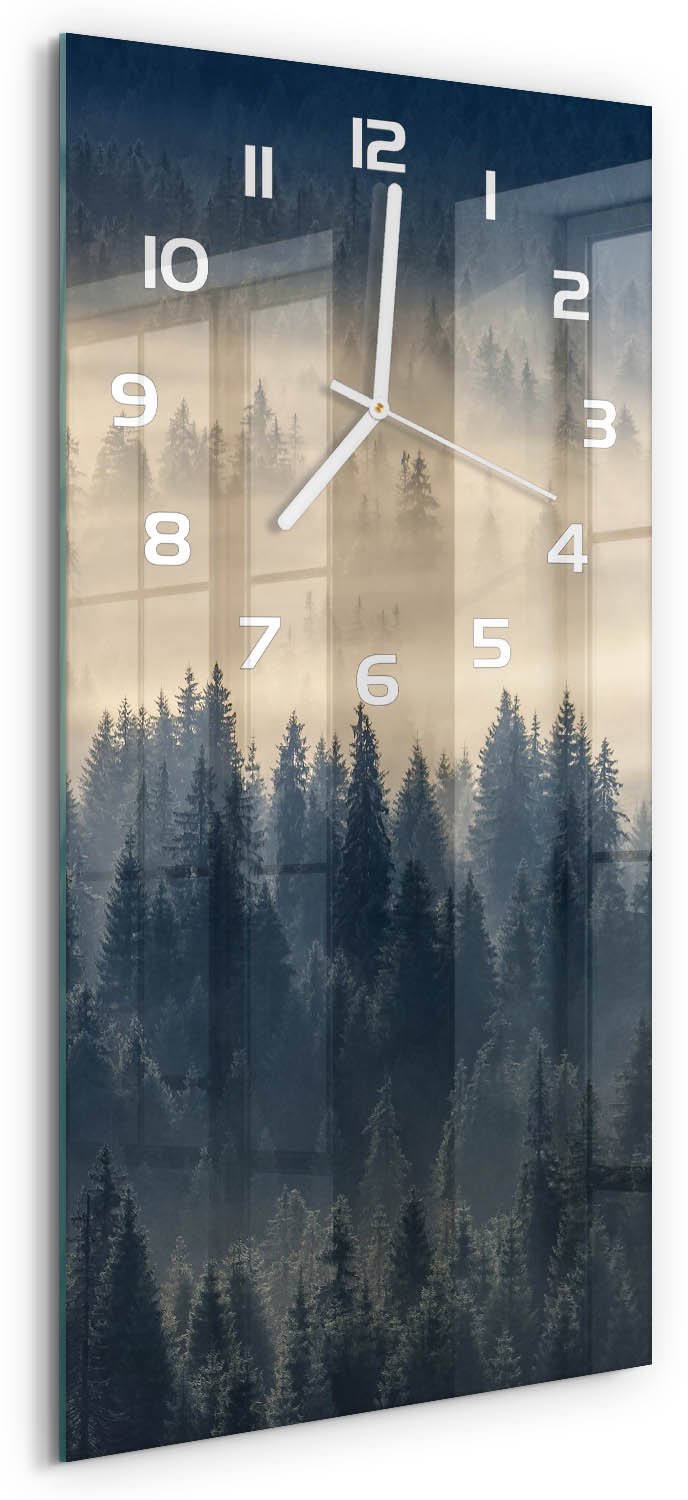 Tulup Wandklok - Mist boven het bos Moderne Wandklok Glas - 30x60 cm - Grijs Wandklok Glas Decoratie - Witte handen - Rechthoekige Klok - Glazen Wandklok Design - Klok Glas Met Opdruk