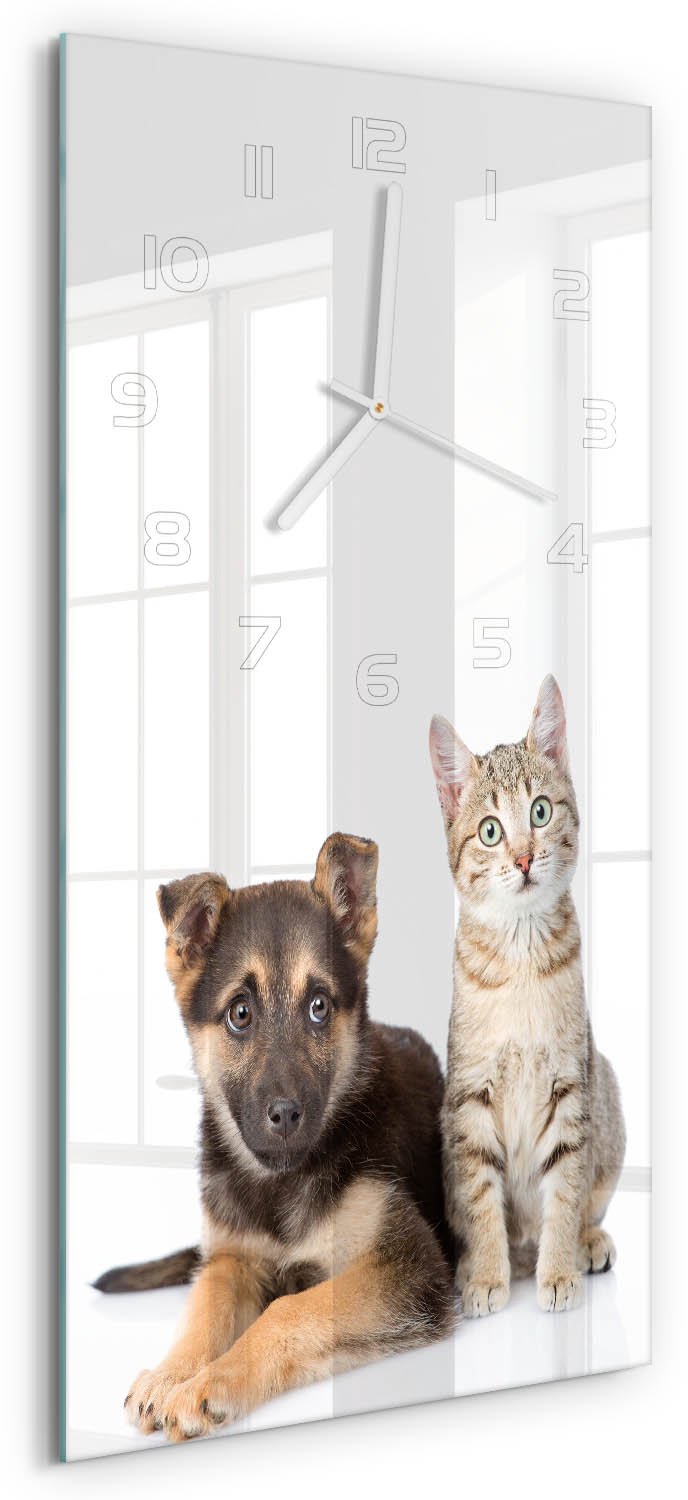Tulup Wandklok - Hond en kat Glazen Wandklok Design - 30x60 cm - Zwart Klok Glas Met Opdruk - Witte handen - Rechthoekige Klok - Wandklok Glas Met Motief - Decoratieve Glazen Klok
