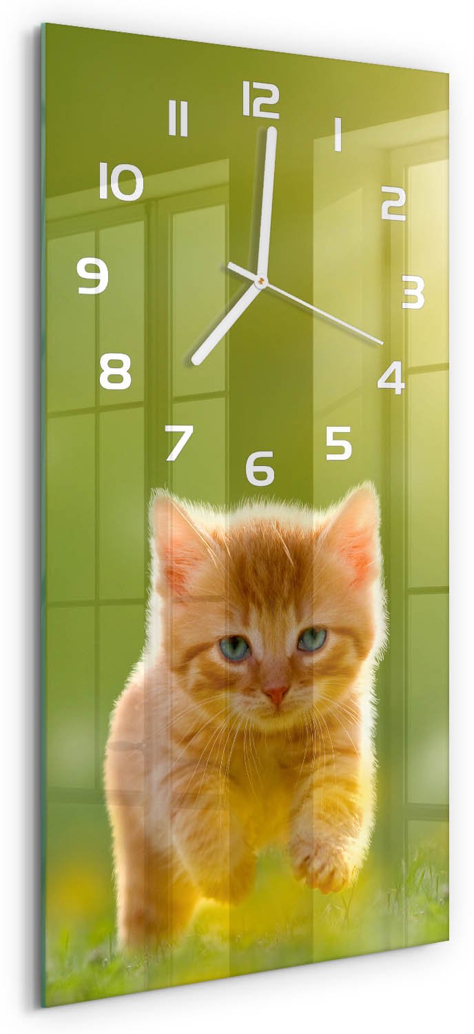 Tulup Wandklok - Rode Kat Gekleurde Glazen Klok - 30x60 cm - Groente Glazen Klok Met Print - Witte handen - Rechthoekige Klok - Moderne Wandklok Glas - Wandklok Glas Decoratie