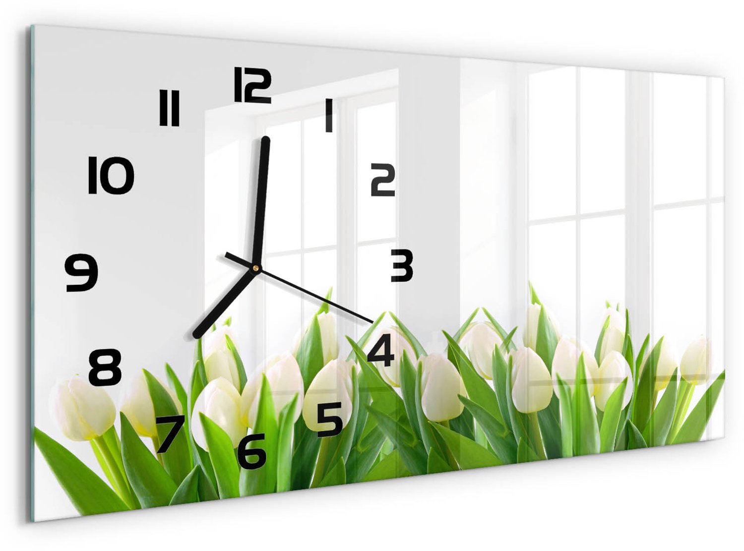 TULUP Wandklok - Witte tulpen Wandklok Glas Decoratie - 60x30 cm - Groente Gekleurde Glazen Klok - Zwarte handen - Rechthoekige Klok - Klok Glas Met Opdruk - Moderne Wandklok Glas