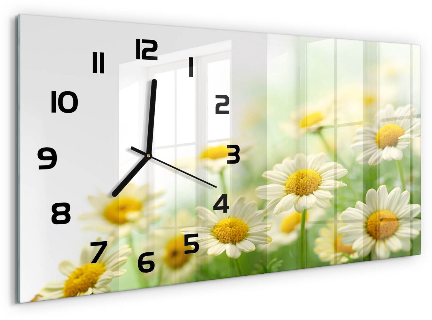 TULUP Wandklok - Madeliefje Wandklok Glas Met Motief - 60x30 cm - Geel Decoratieve Glazen Klok - Zwarte handen - Rechthoekige Klok - Gekleurde Glazen Klok - Glazen Klok Met Print