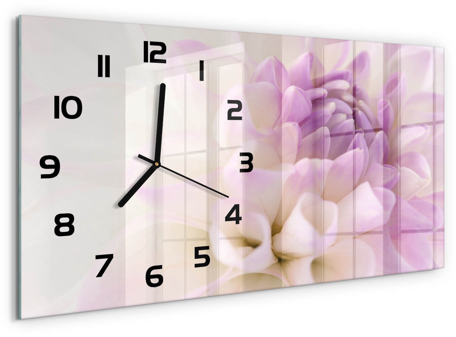TULUP Wandklok - Witte dahlia Wandklok Glas Met Motief - 60x30 cm - Paars Decoratieve Glazen Klok - Zwarte handen - Rechthoekige Klok - Gekleurde Glazen Klok - Glazen Klok Met Print