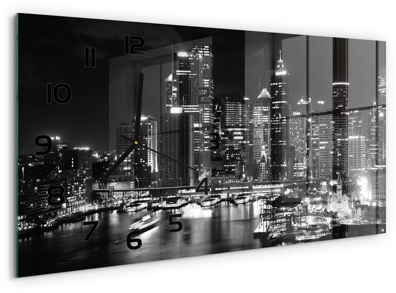 TULUP Wandklok - Sydney bij nacht Wandklok Glas Decoratie - 60x30 cm - Zwart-wit Gekleurde Glazen Klok - Zwarte handen - Rechthoekige Klok - Klok Glas Met Opdruk - Moderne Wandklok Glas