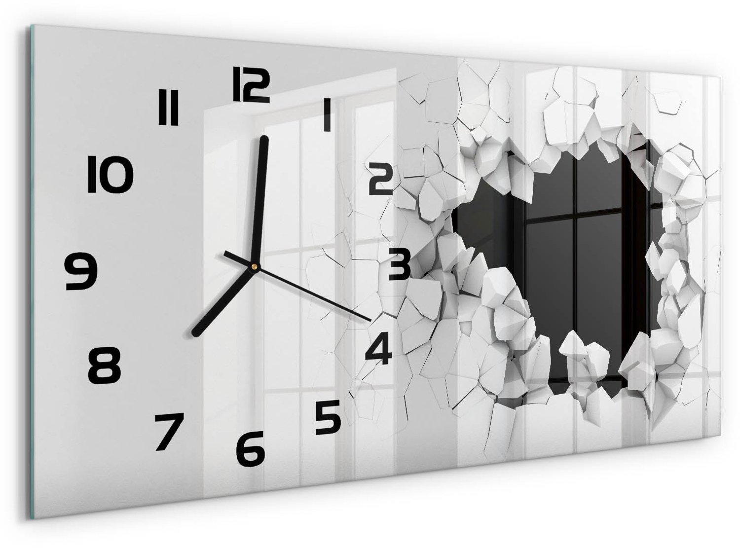 TULUP Wandklok - Gat in de muur Moderne Wandklok Glas - 60x30 cm - Wit Wandklok Glas Decoratie - Zwarte handen - Rechthoekige Klok - Glazen Wandklok Design - Klok Glas Met Opdruk