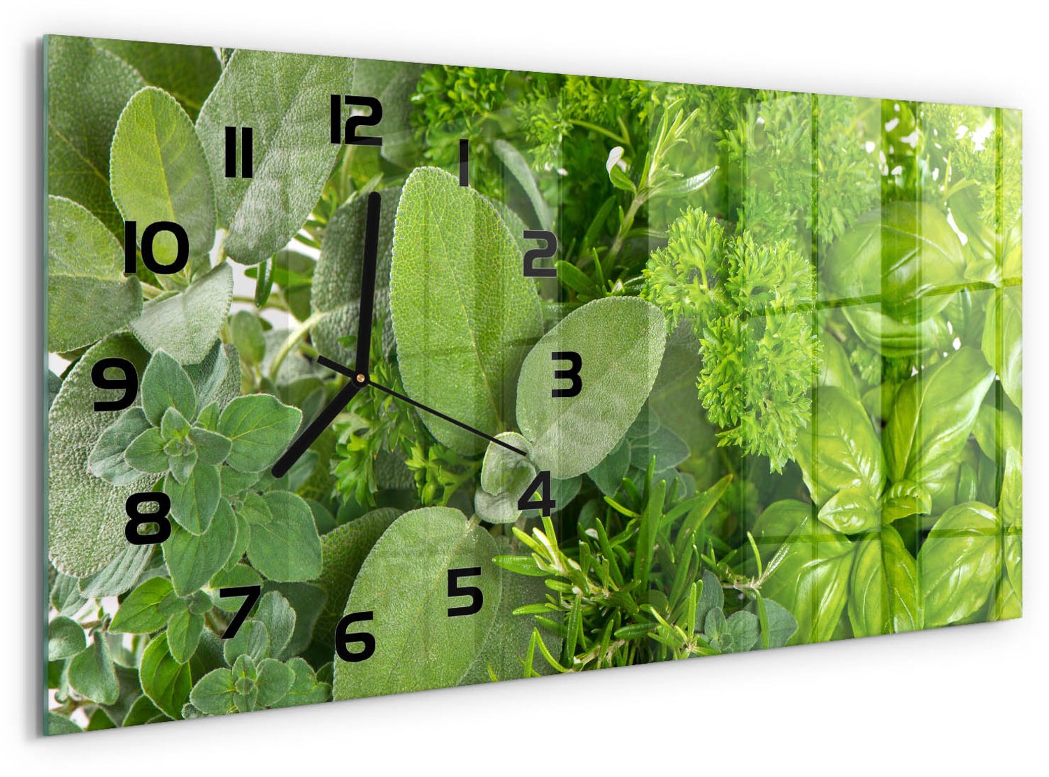 TULUP Wandklok - Kruiden Glazen Klok Met Print - 60x30 cm - Groente Wandklok Glas Met Motief - Zwarte handen - Rechthoekige Klok - Wandklok Glas Decoratie - Gekleurde Glazen Klok