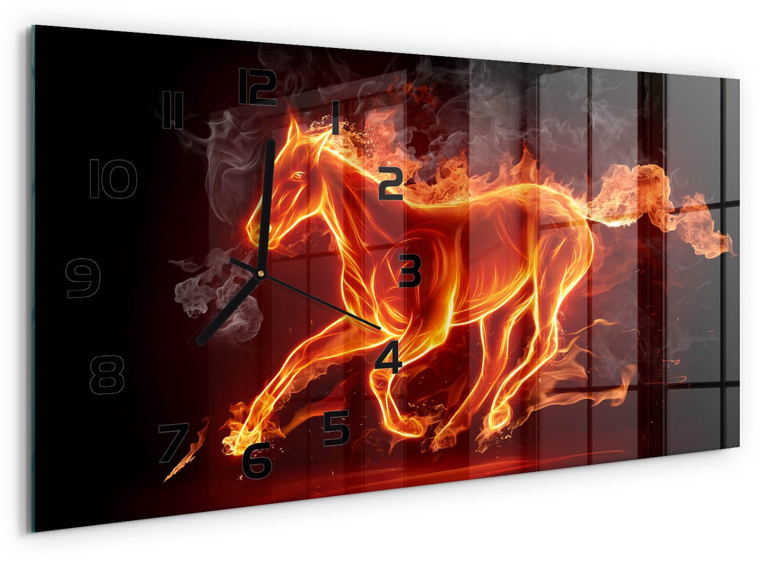 TULUP Wandklok - Paard in vlammen Decoratieve Glazen Klok - 60x30 cm - Rood Glazen Wandklok Design - Zwarte handen - Rechthoekige Klok - Glazen Klok Met Print - Wandklok Glas Met Motief