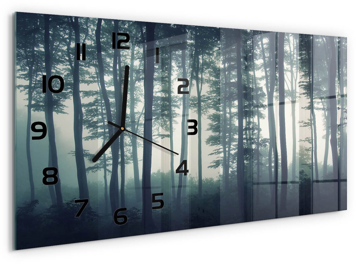 TULUP Wandklok - Mist in het bos Decoratieve Glazen Klok - 60x30 cm - Zwart Glazen Wandklok Design - Zwarte handen - Rechthoekige Klok - Glazen Klok Met Print - Wandklok Glas Met Motief