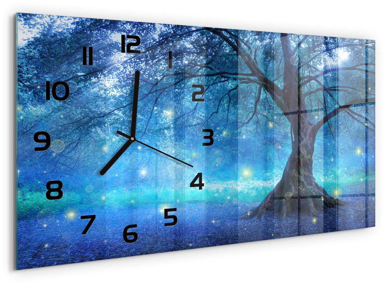 TULUP Wandklok - Mysterieus bos Wandklok Glas Met Motief - 60x30 cm - Blauw Decoratieve Glazen Klok - Zwarte handen - Rechthoekige Klok - Gekleurde Glazen Klok - Glazen Klok Met Print