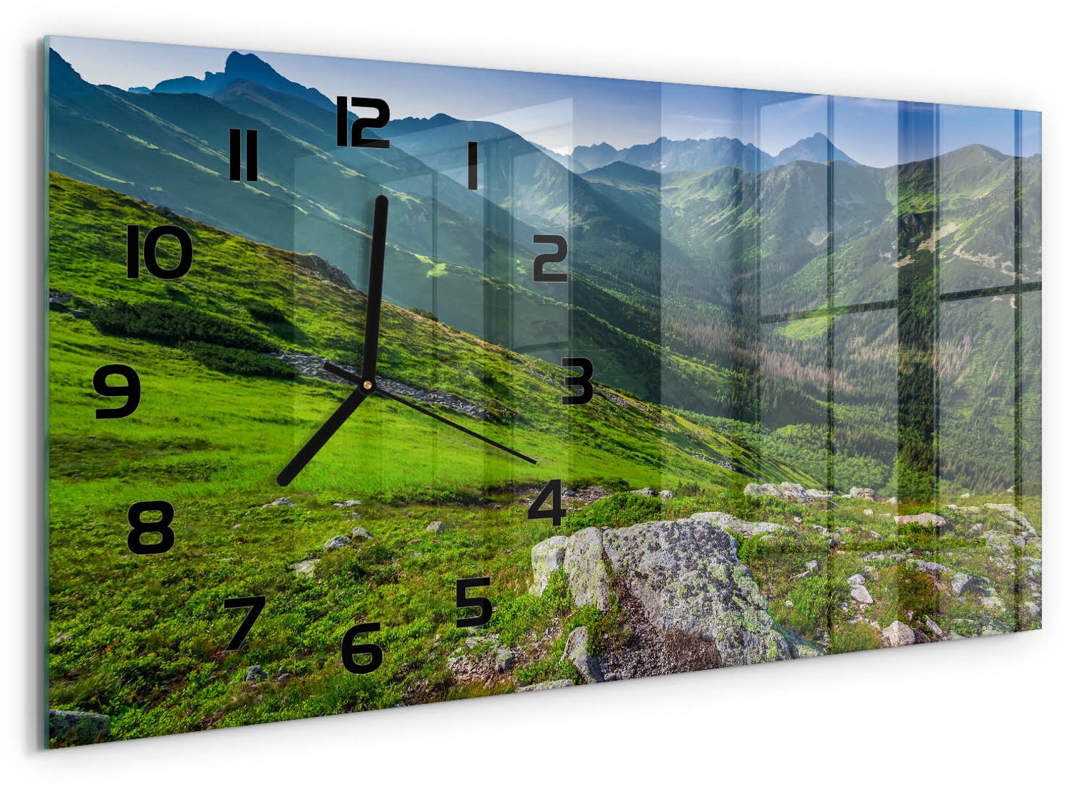 TULUP Wandklok - Schemering in de bergen Glazen Wandklok Design - 60x30 cm - Groente Klok Glas Met Opdruk - Zwarte handen - Rechthoekige Klok - Wandklok Glas Met Motief - Decoratieve Glazen Klok